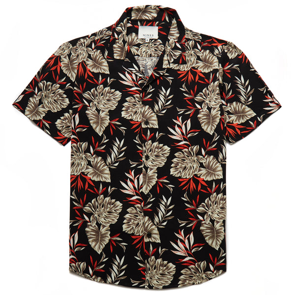 Whiteway Botanical Print Revere Collar Shirt in Black - Nines Collection