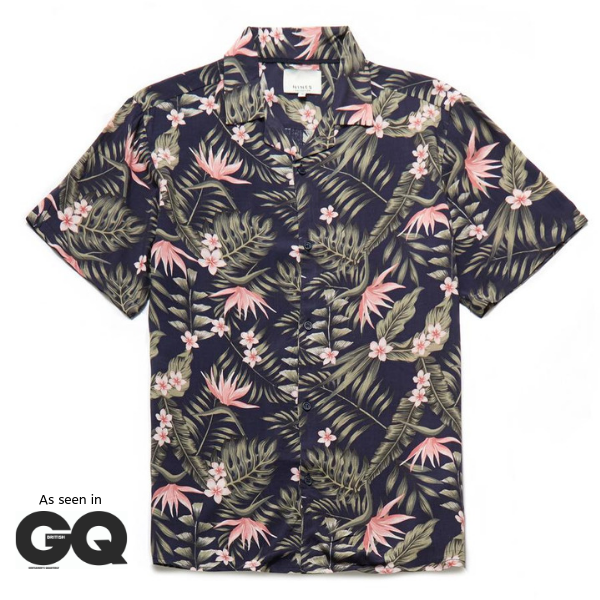 Henton Exotic Print Revere Collar Shirt in Navy/Pink - Nines Collection