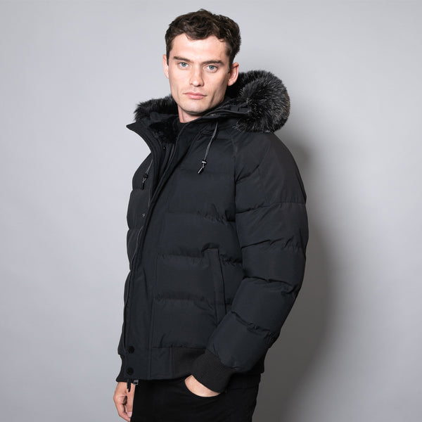Black Faux Fur Hood Crop Puffer Jacket