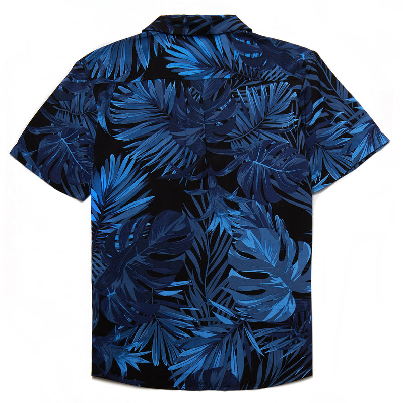 Stefano Palm Print Revere Collar Shirt in Indigo - Nines Collection