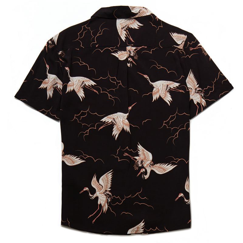 Hoshino Crane Print Revere Collar Shirt in Black - Nines Collection
