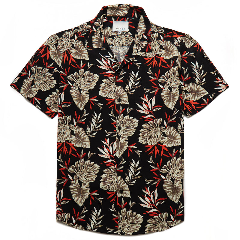 Whiteway Botanical Print Revere Collar Shirt in Black - Nines Collection