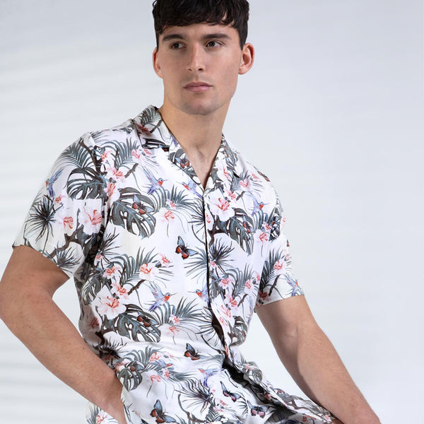 Benz Tropical Print Revere Collar Shirt in Off White