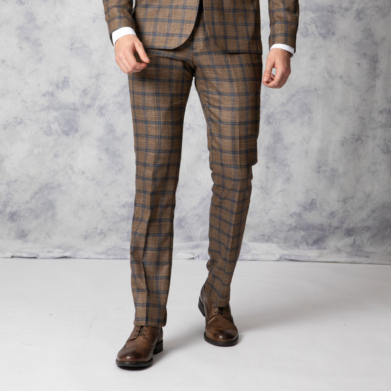 Arthur Slim Fit Brown and Blue Check Three Piece Suit