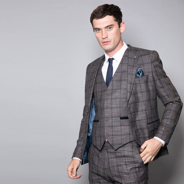 Tommy Slim Fit Brown and Navy Three Piece Suit