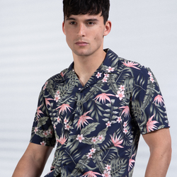 Henton Exotic Print Revere Collar Shirt in Navy/Pink