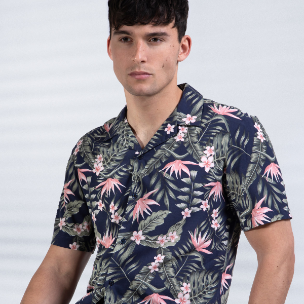 Henton Exotic Print Revere Collar Shirt in Navy/Pink